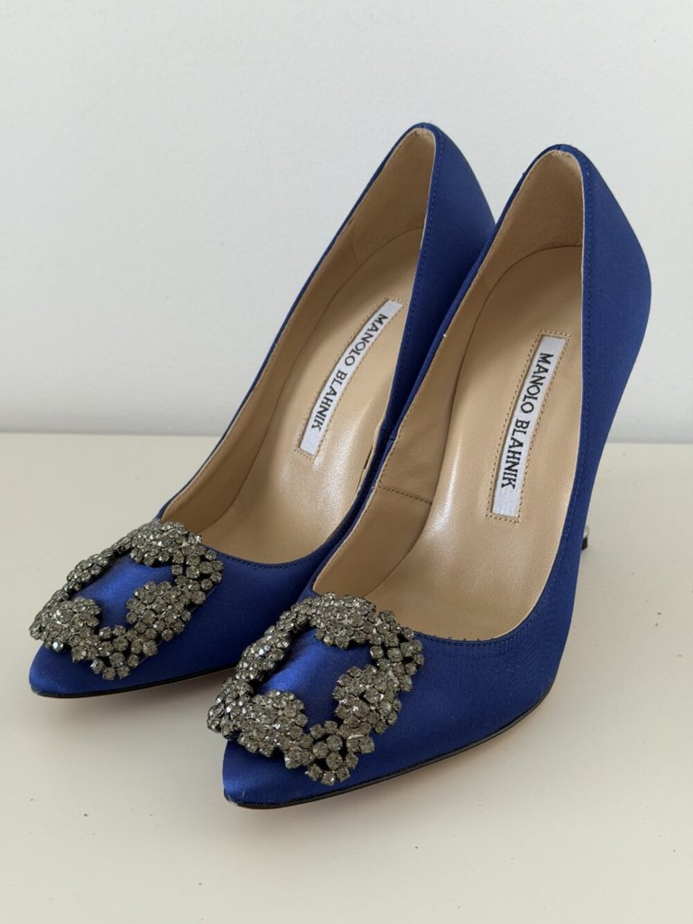 Manolo Blahnik Hangisi Royal Blue Satin Crystal Pumps 35